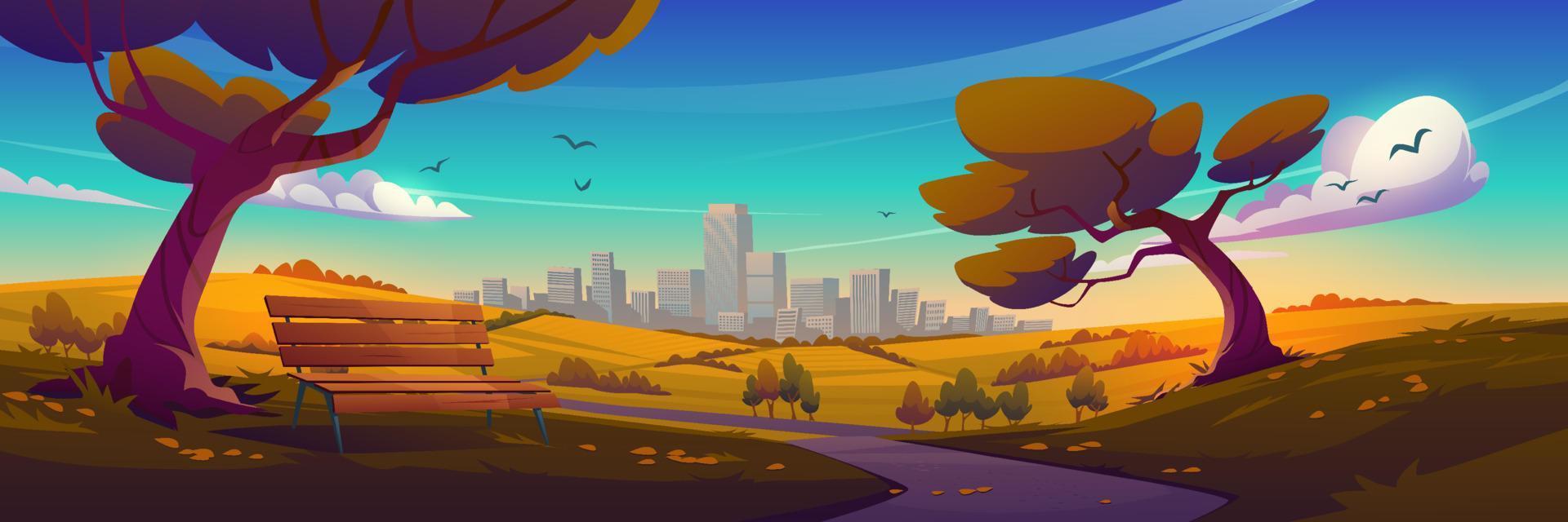 Suburban landscape with bench and urban skyline vector