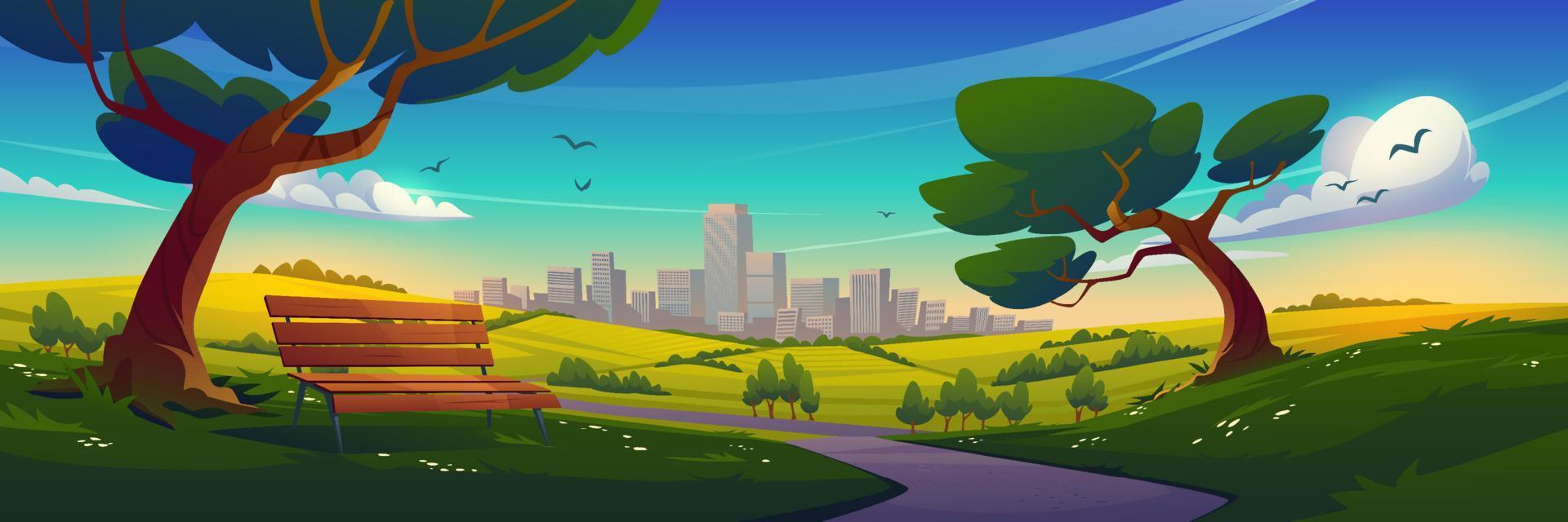 Suburban landscape with bench and urban skyline vector