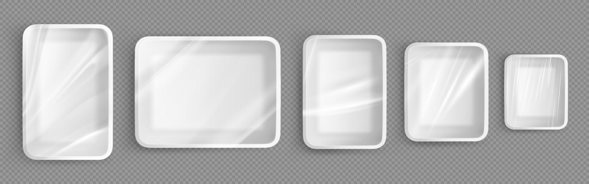 White plastic trays for food, styrofoam containers vector