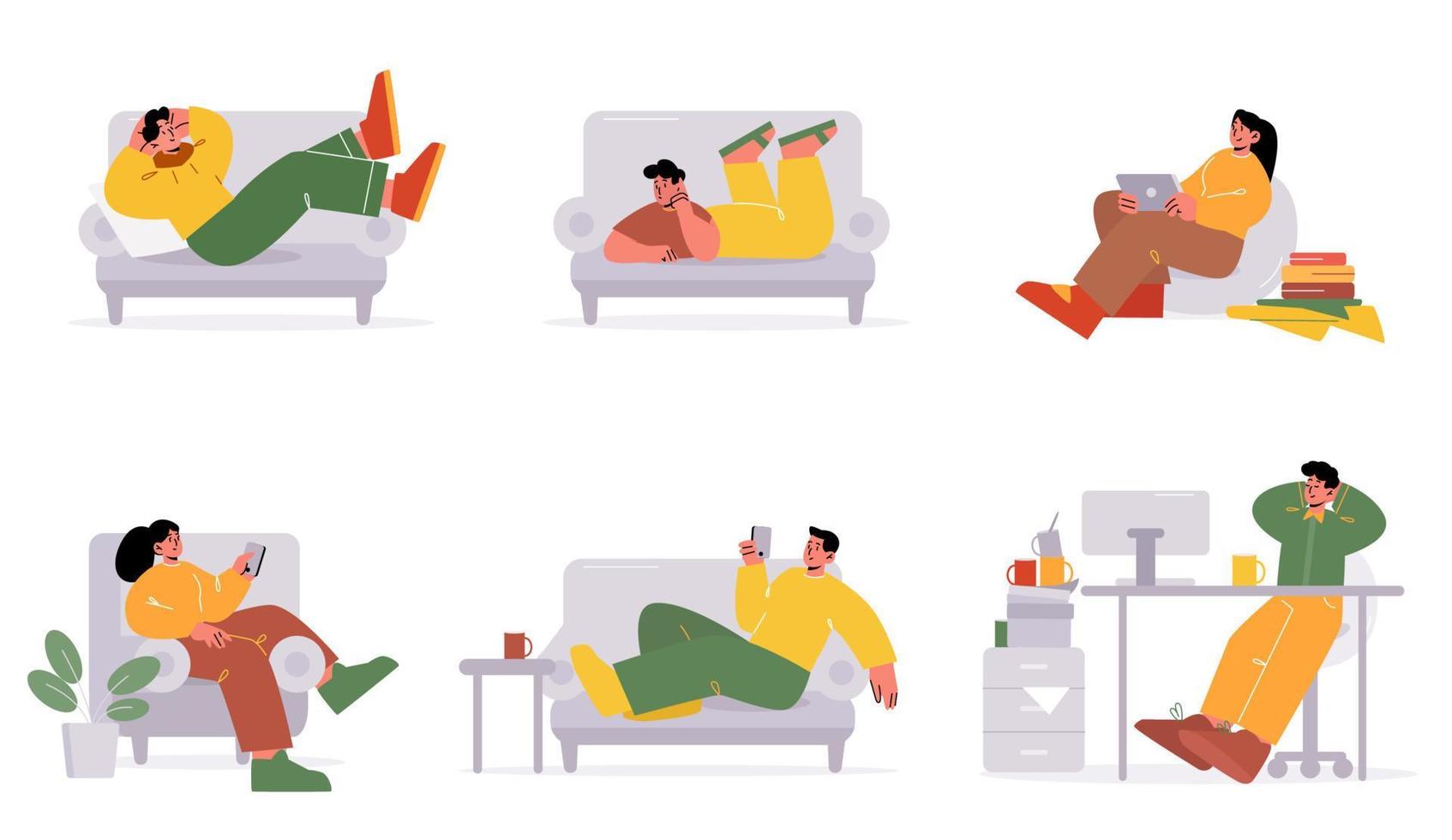 Lazy people relax on sofa at home vector