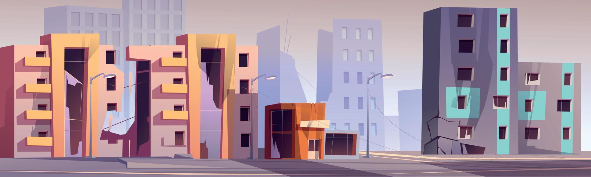 Destroyed city buildings after disaster, war view vector