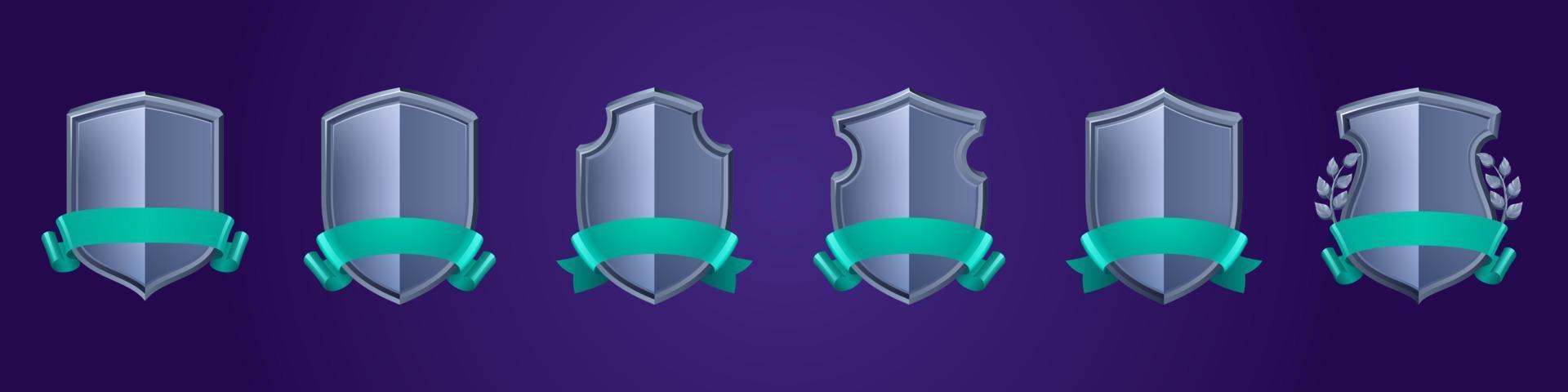 Game badges of metal shields with ribbons vector