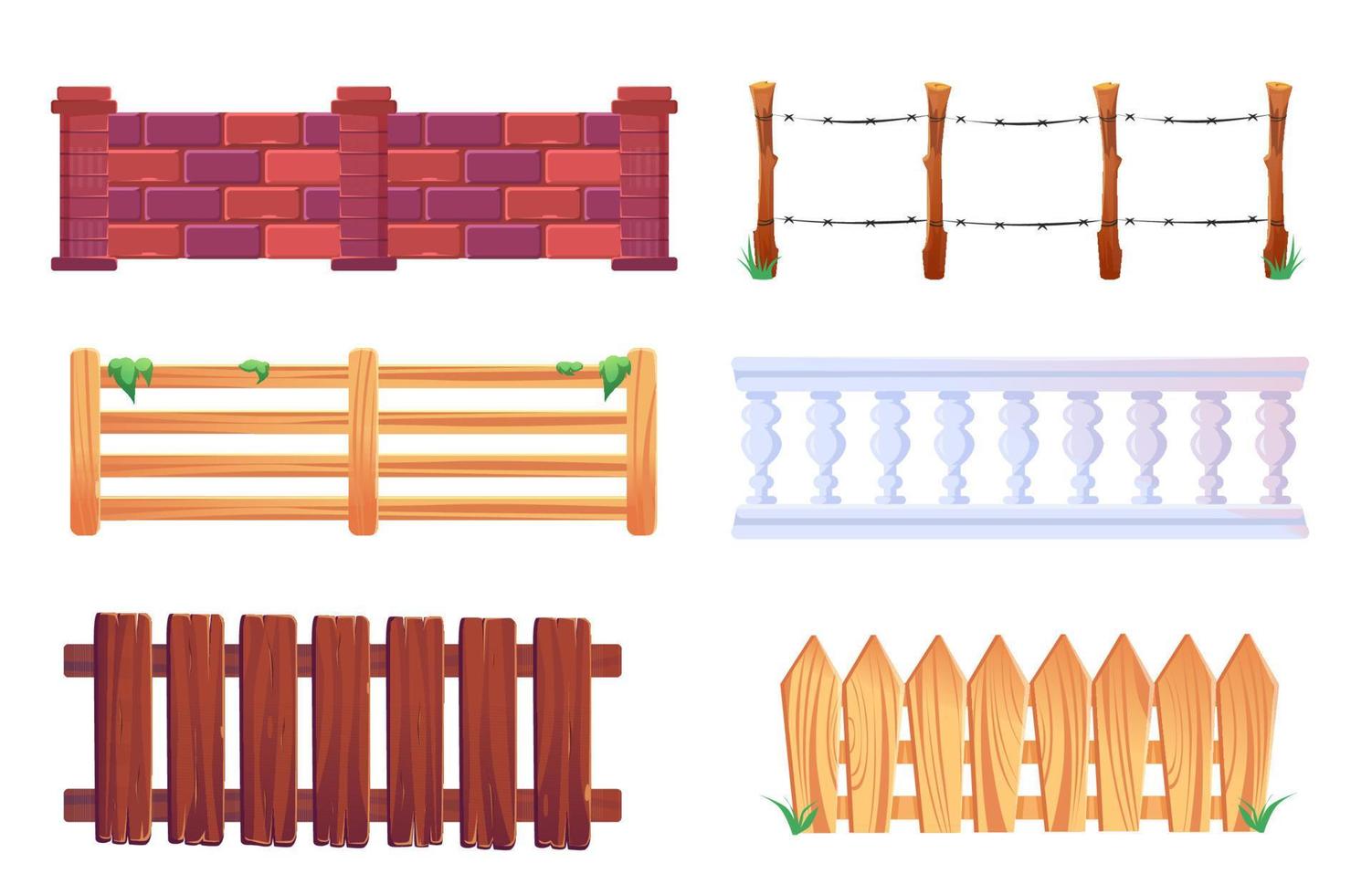 Wooden picket fence, barbwire, balustrade vector