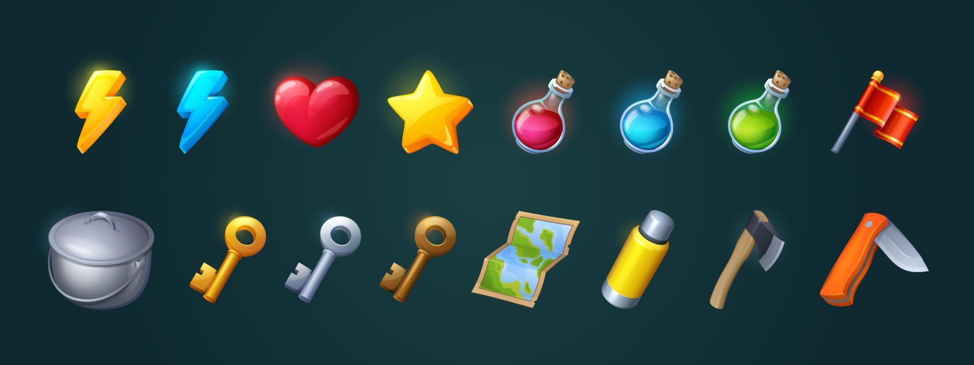 Icons for game about hiking, camping, tourism vector