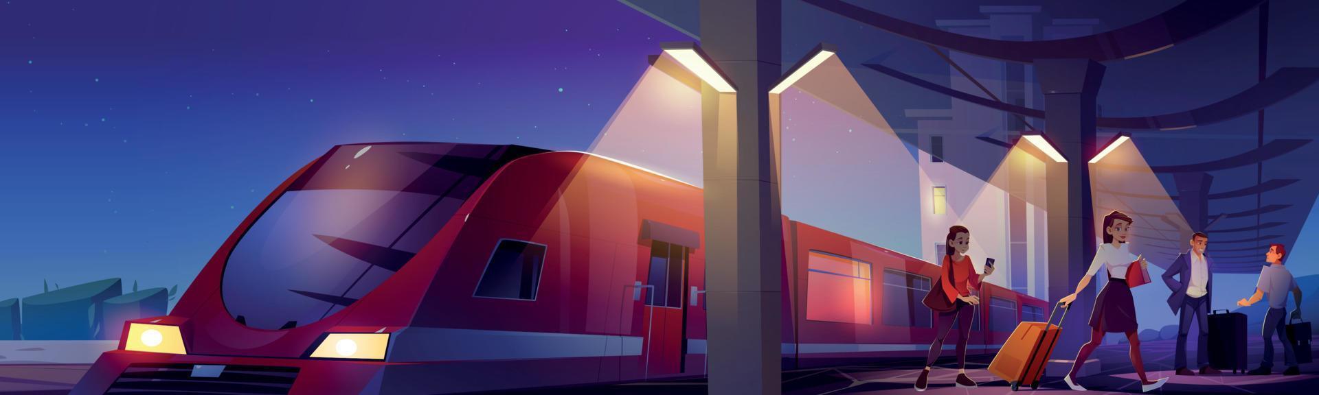 People with luggage on railway station at night vector