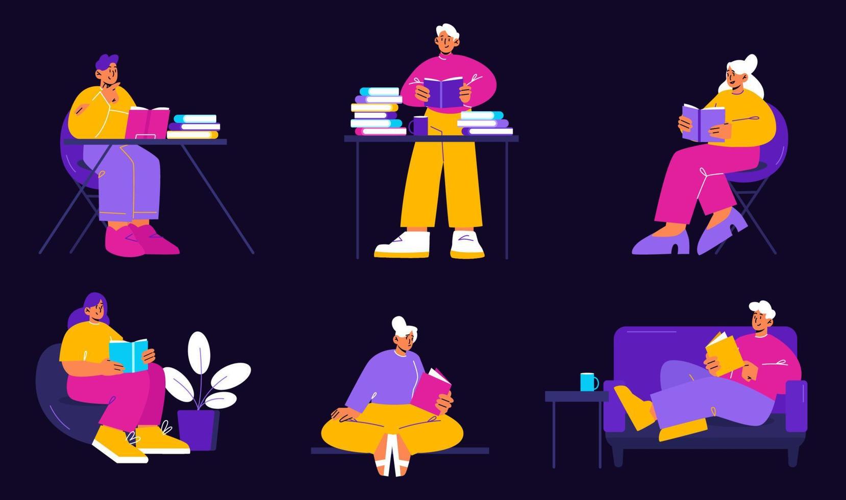 People read books in different poses vector