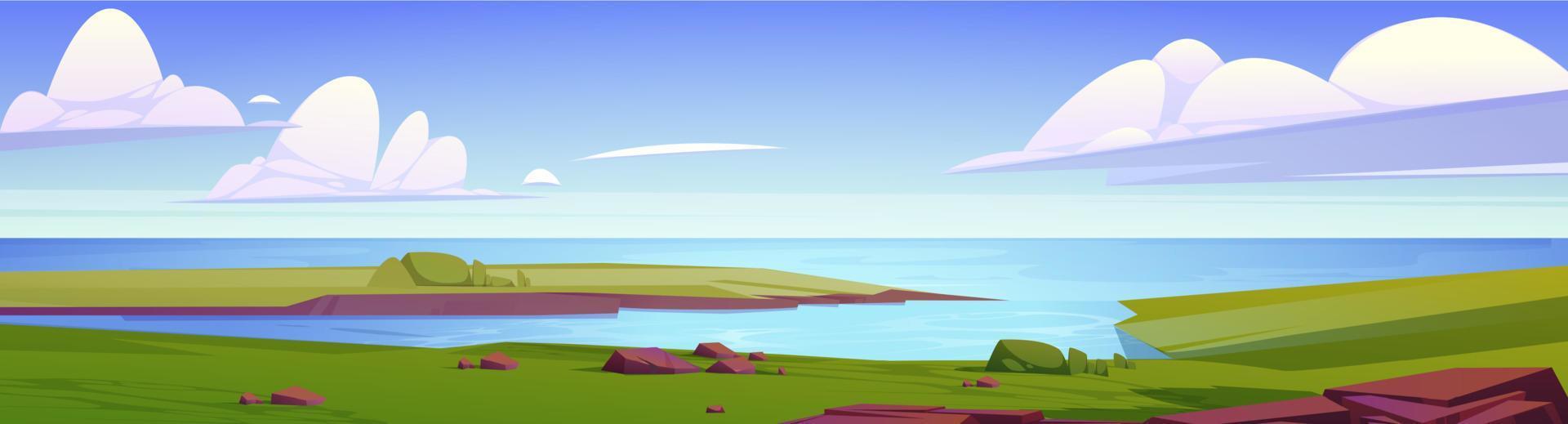 paisaje de verano con lago, campos y rocas vector