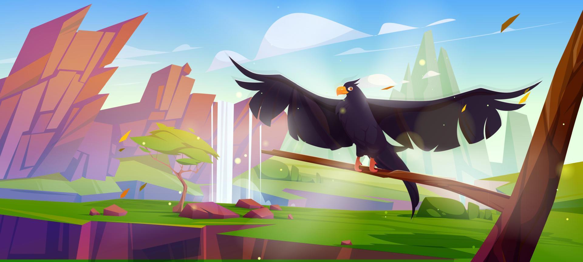 Mountain valley with waterfall and raven vector