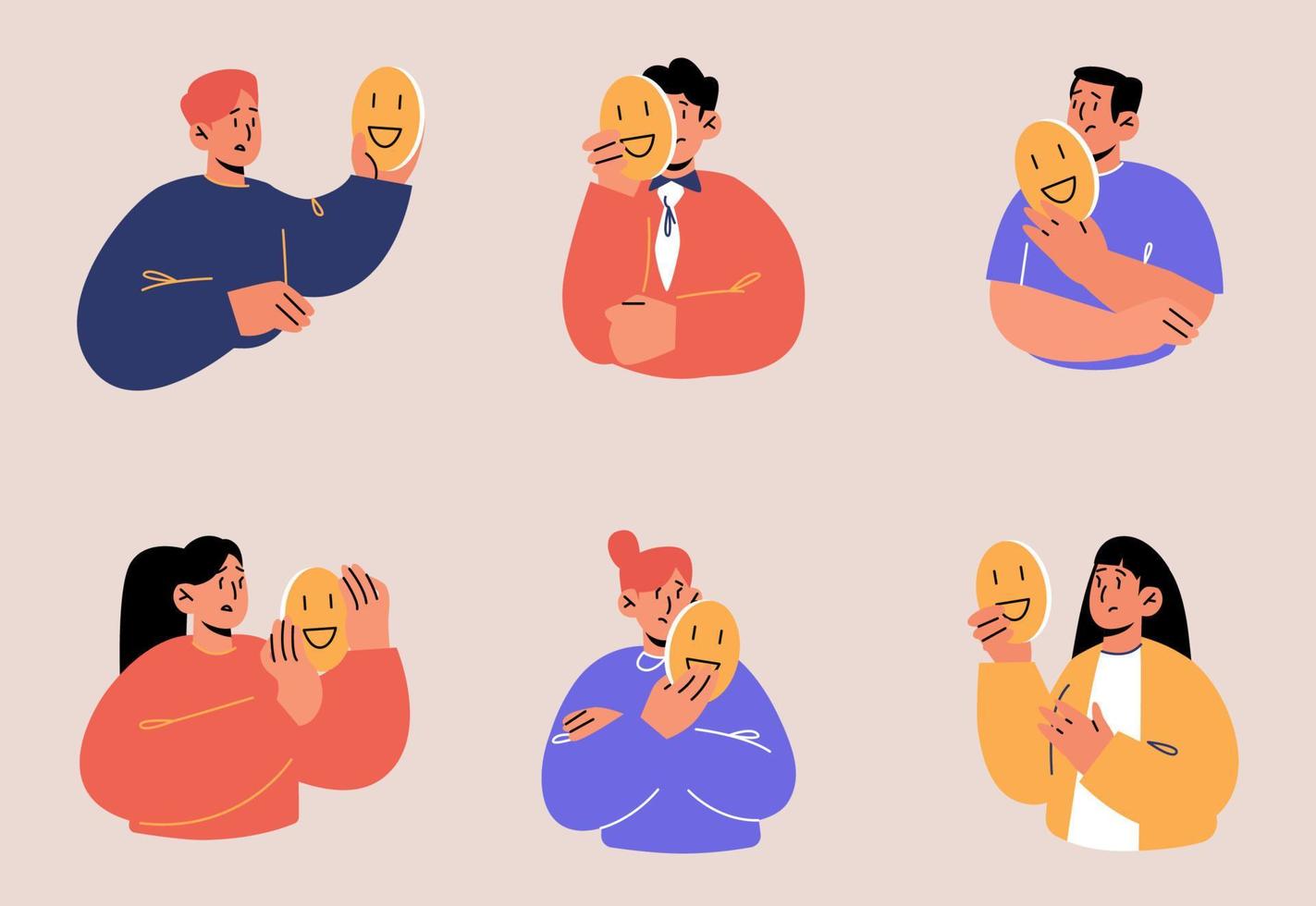 Sad people hold fake face masks with smiles vector