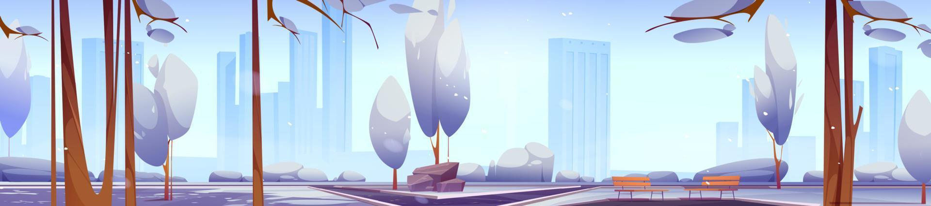 paisaje invernal con parque de la ciudad y ciudad moderna vector