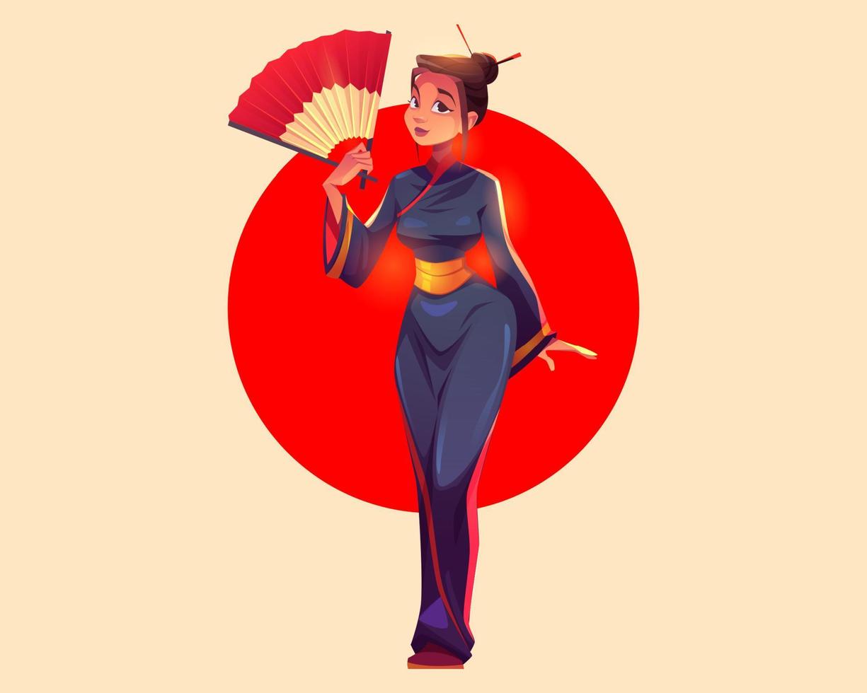 mujer asiática en kimono tradicional con abanico en la mano vector