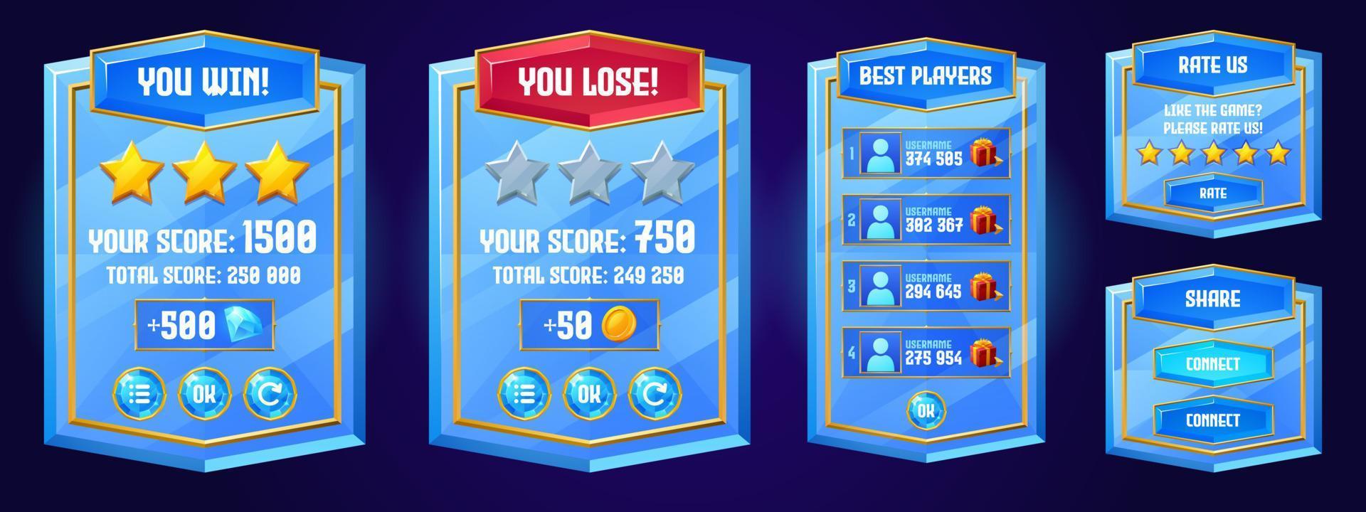 Game boards with win and lose banner, best players vector