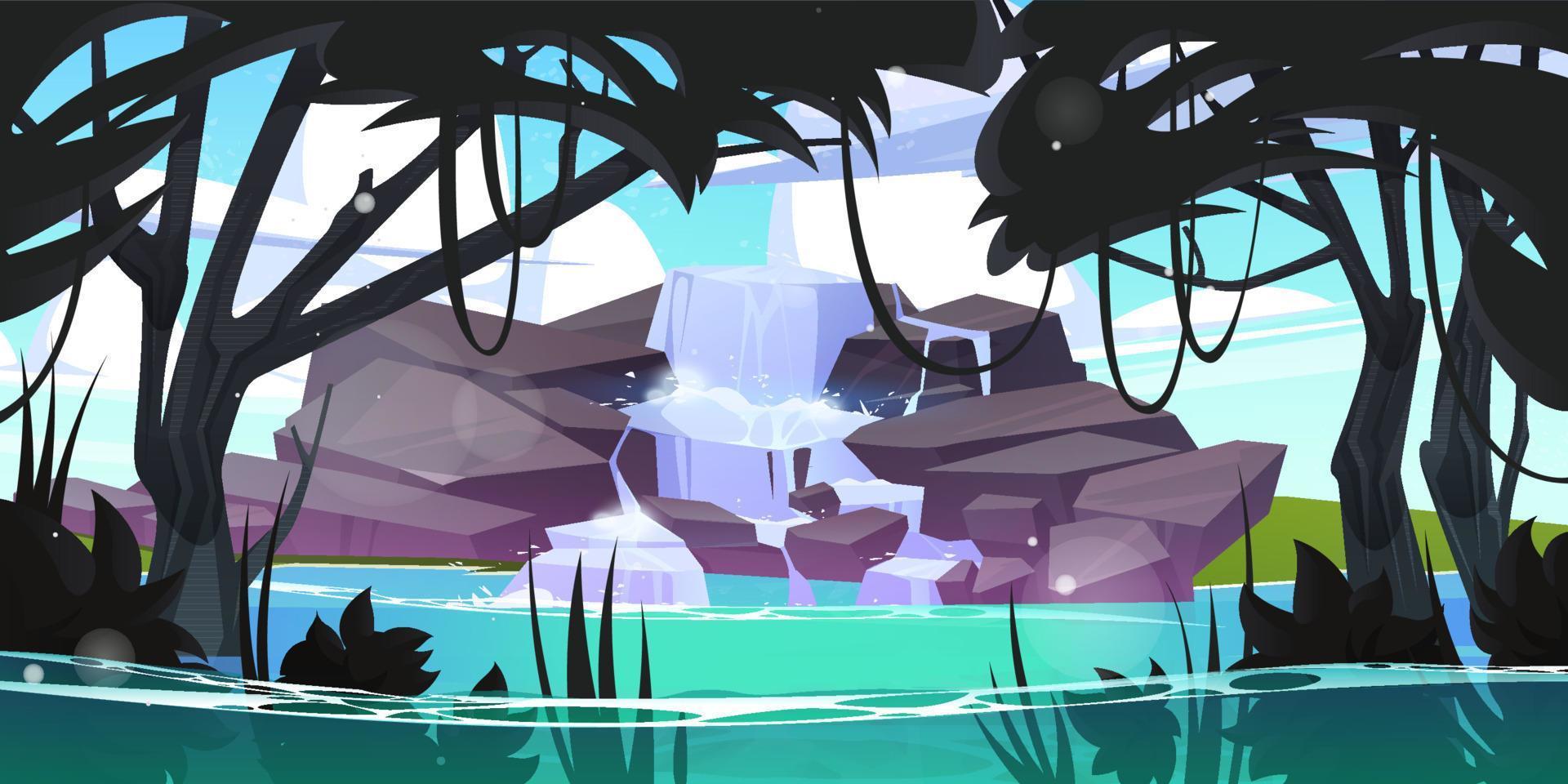 paisaje tropical con cascada y selva vector