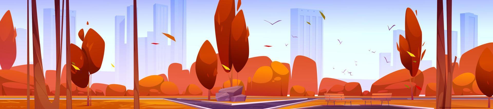 Autumn park with trees and modern city on skyline vector