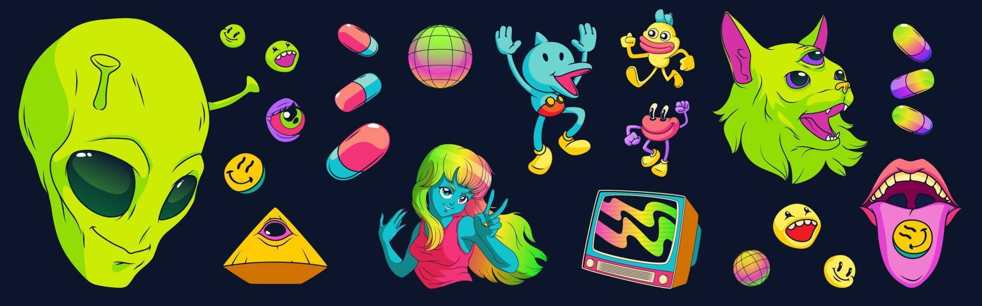 Psychedelic stickers with aliens, drugs vector