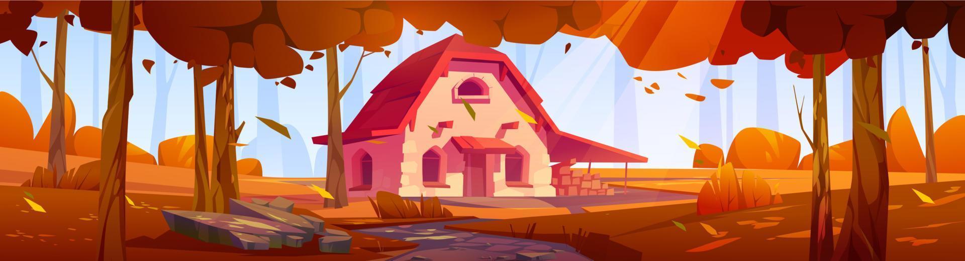 Autumn forest with stone farm house on glade vector
