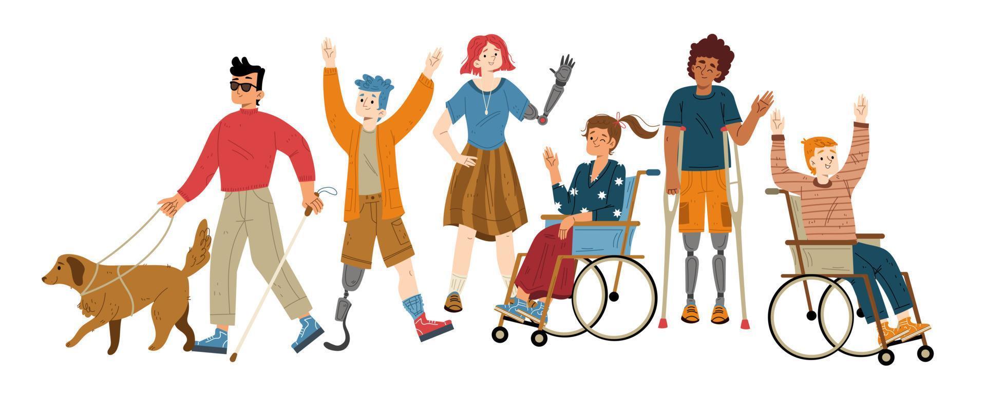 personas con diferentes discapacidades agitando la mano vector