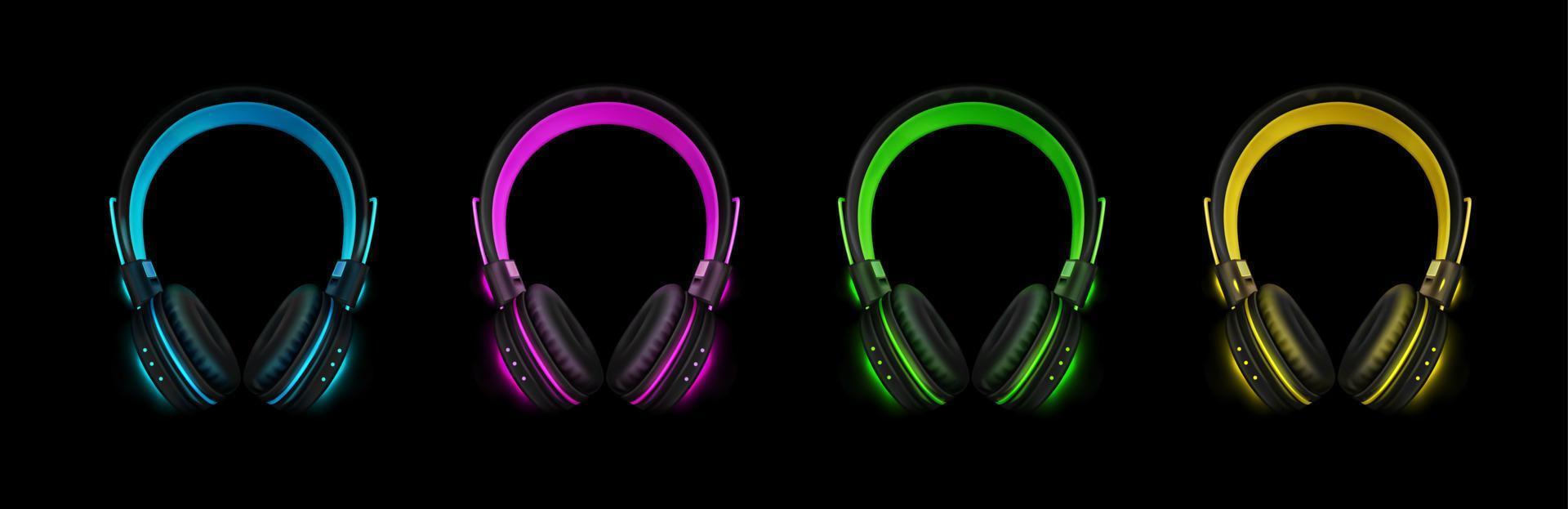 Neon headphones for listen music, dj audio headset vector