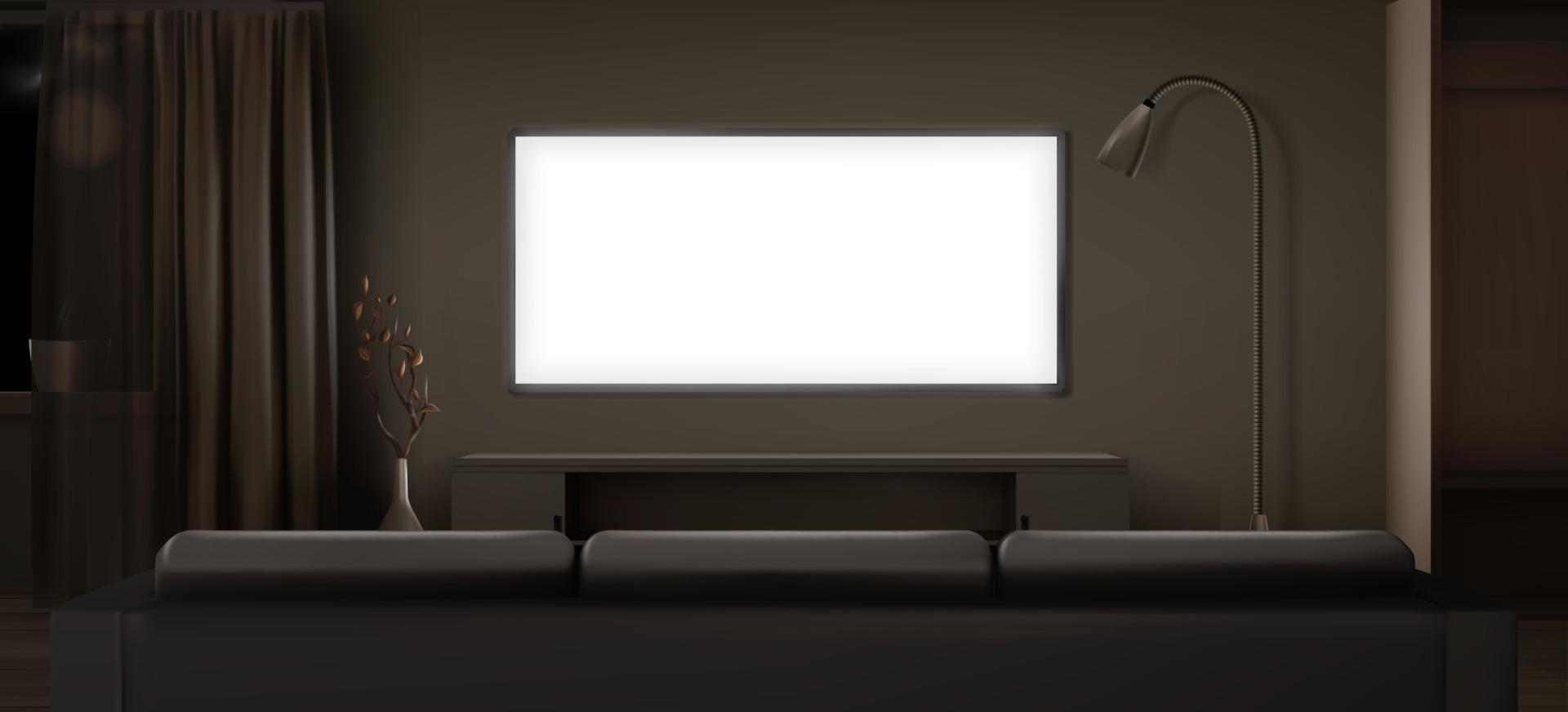 Wide lcd tv screen in dark living room at night vector