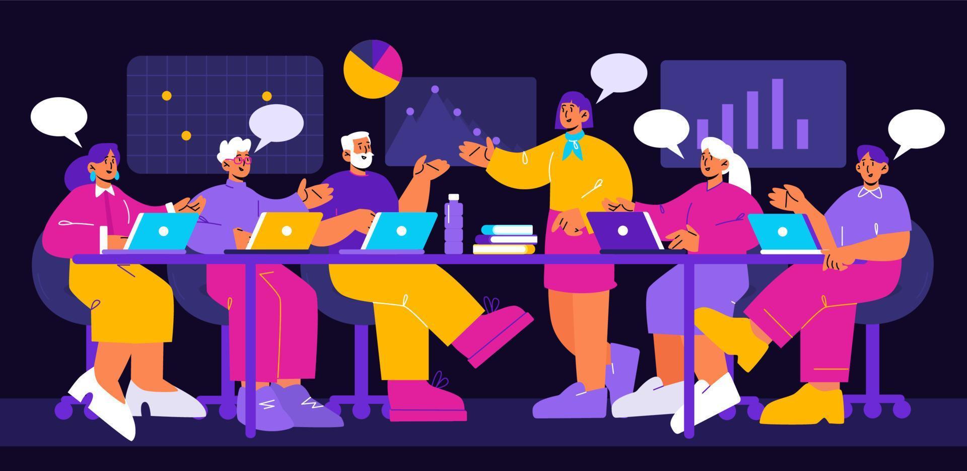 Analytics team work with data on dashboard vector