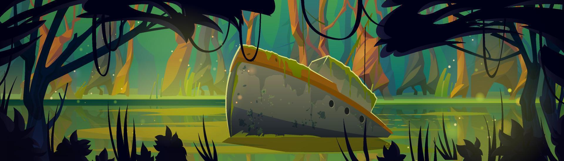 Sunken ship in swamp in tropical forest vector