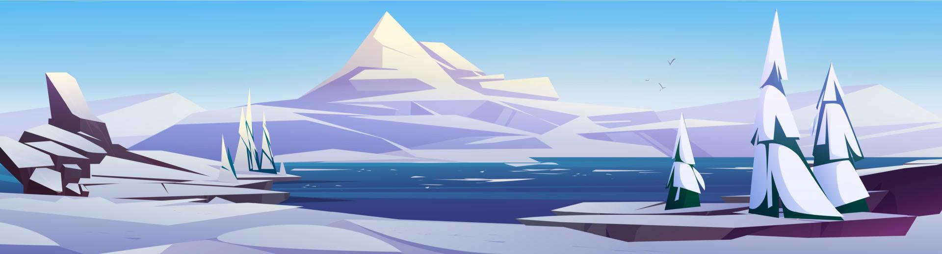 paisaje nórdico con montañas, nieve y mar vector