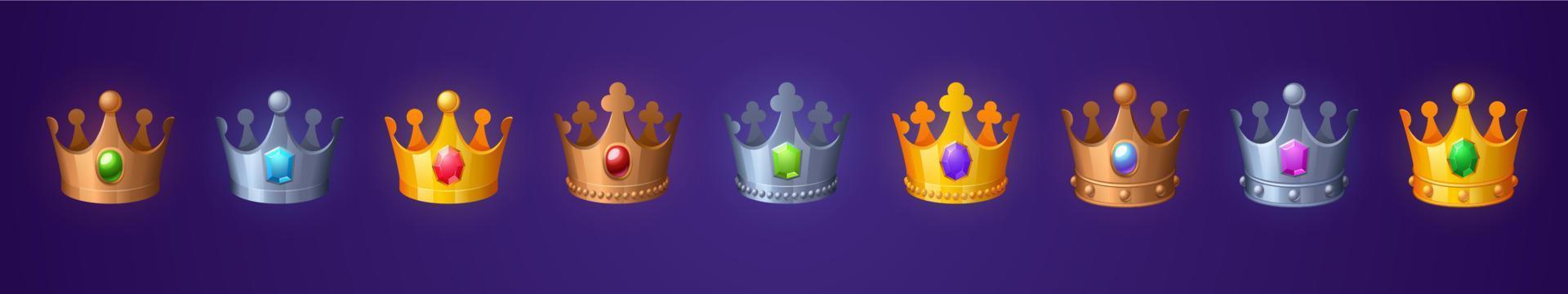 Medieval gold and silver royal crowns with gems vector