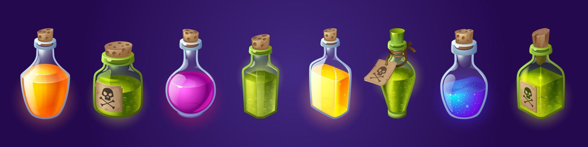 botellas con pociones mágicas y venenos vector