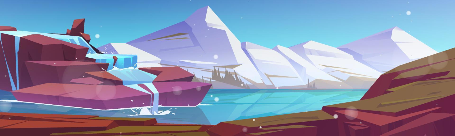 Waterfall at mountains cartoon scenery landscape vector