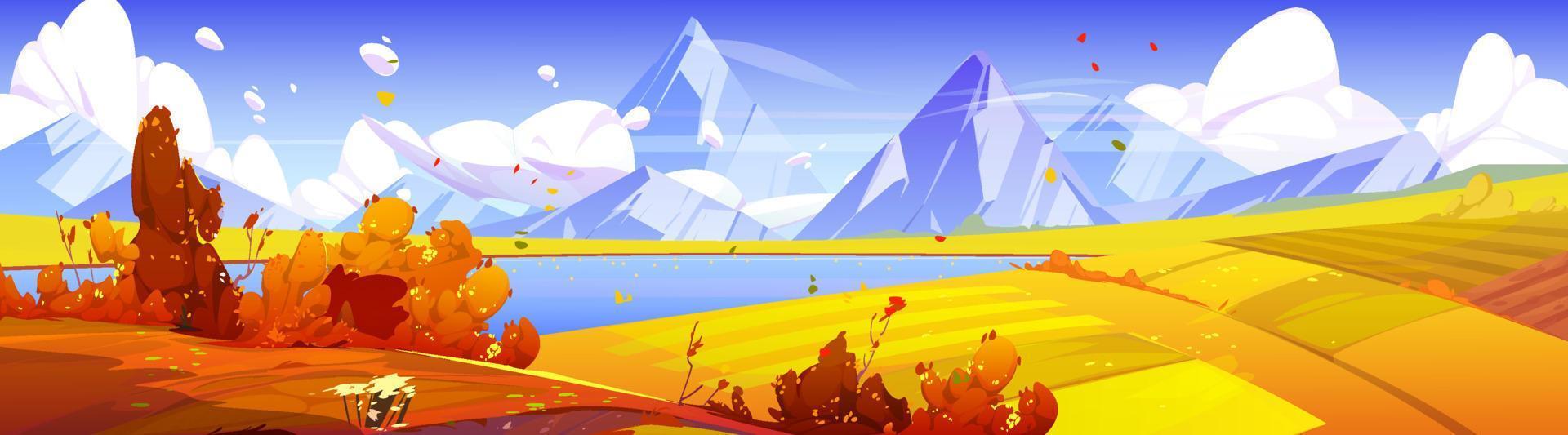 Autumn landscape with lake, fields and mountains vector