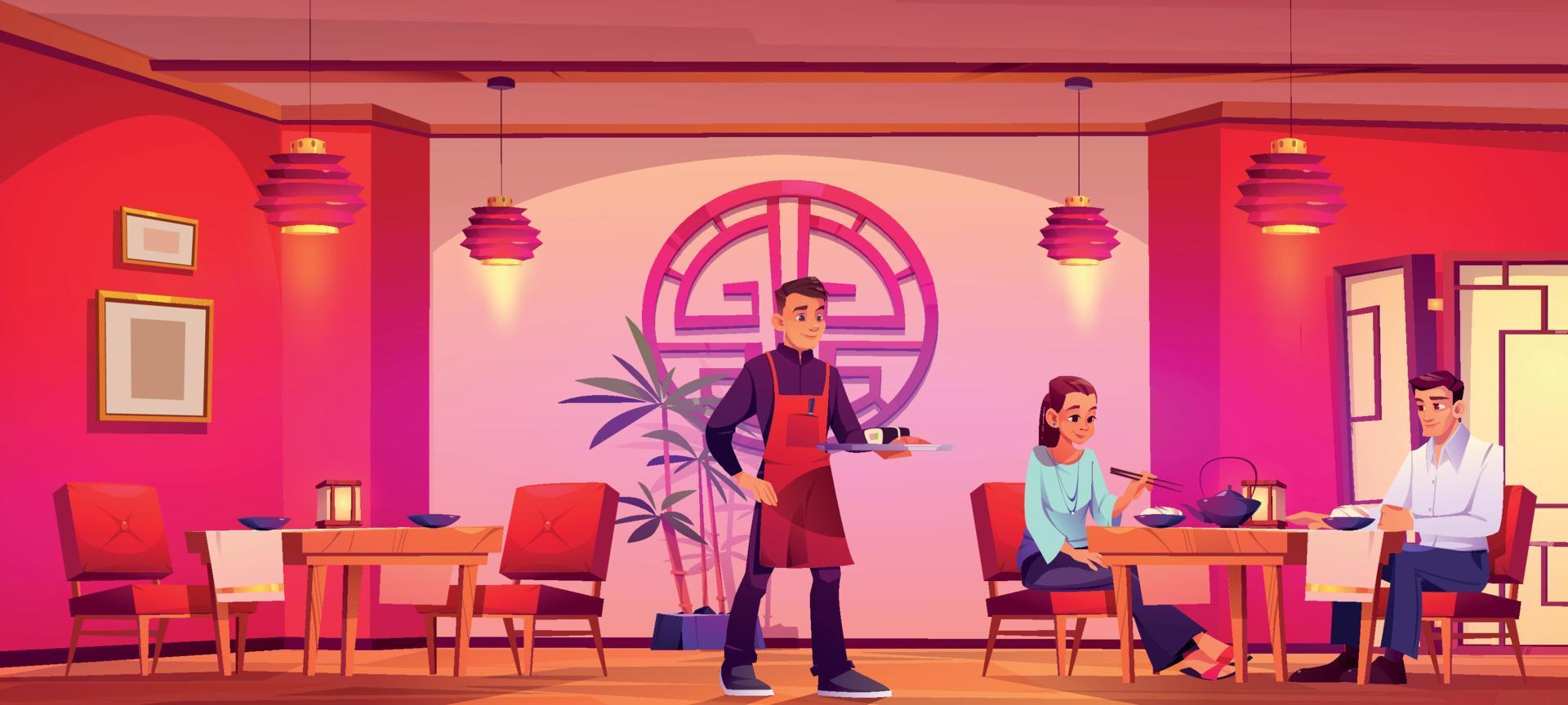 Man waiter services couple in chinese restaurant vector