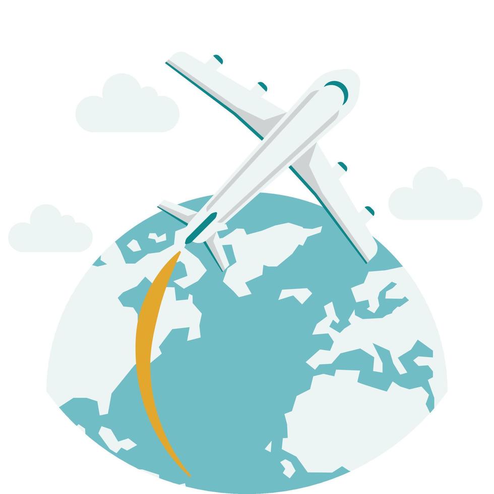 Airplanes are flying around the world illustration in minimal style vector