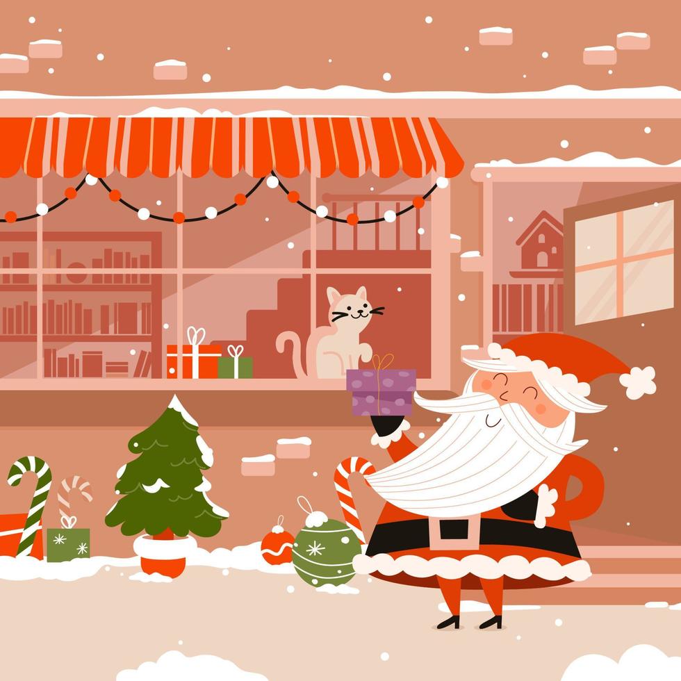 Santa Claus Giving Christmas Present To a Cat Concept vector