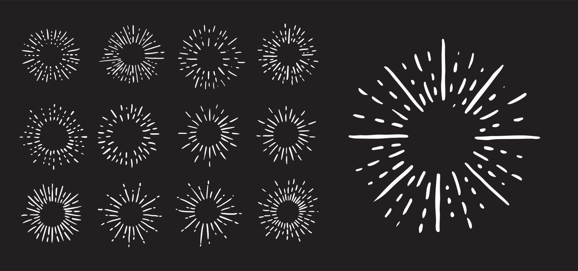 Firework hand drawn icons set. Sun rays images. Vector. vector