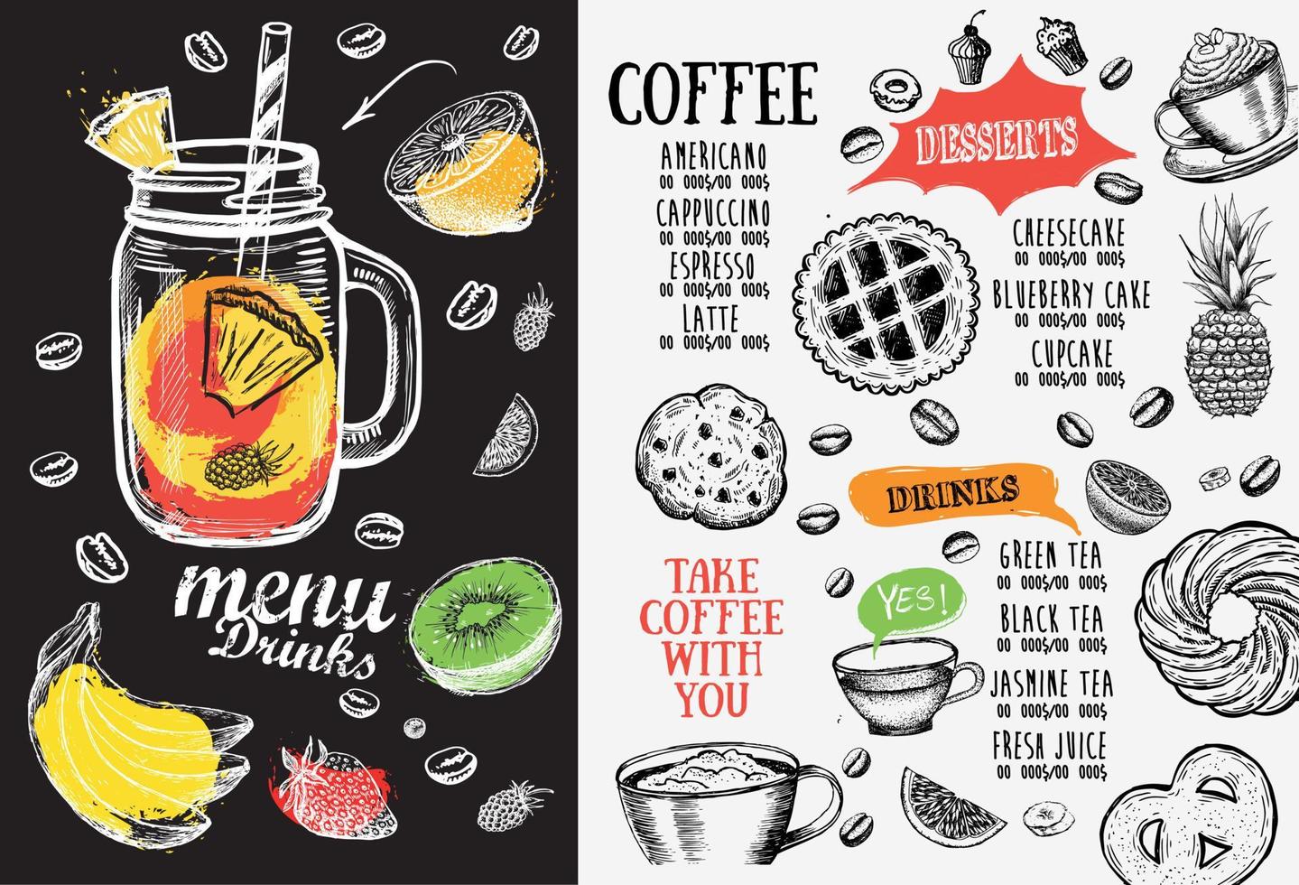 Summer menu, template design. Food flyer. Hand-drawn style. Vector illustration