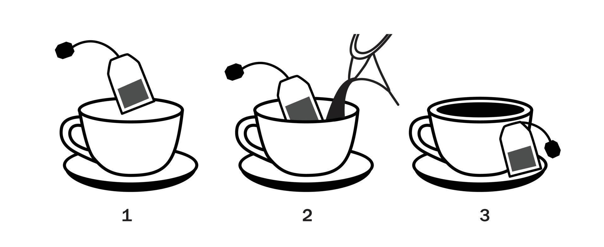 Pasos para preparar té. ilustración vectorial estilo dibujado a mano aislado sobre fondo blanco. vector