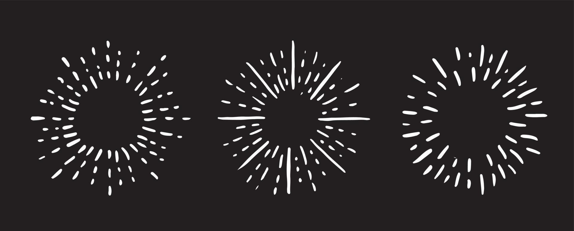 Sun rays images on black background. Firework hand drawn icons set. Vector. vector