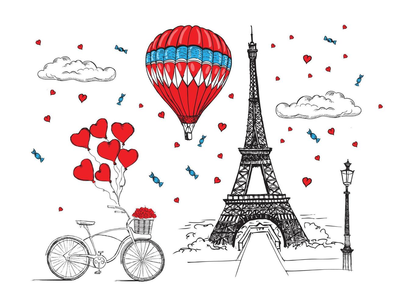 Eiffel tower, hot air balloon. vector