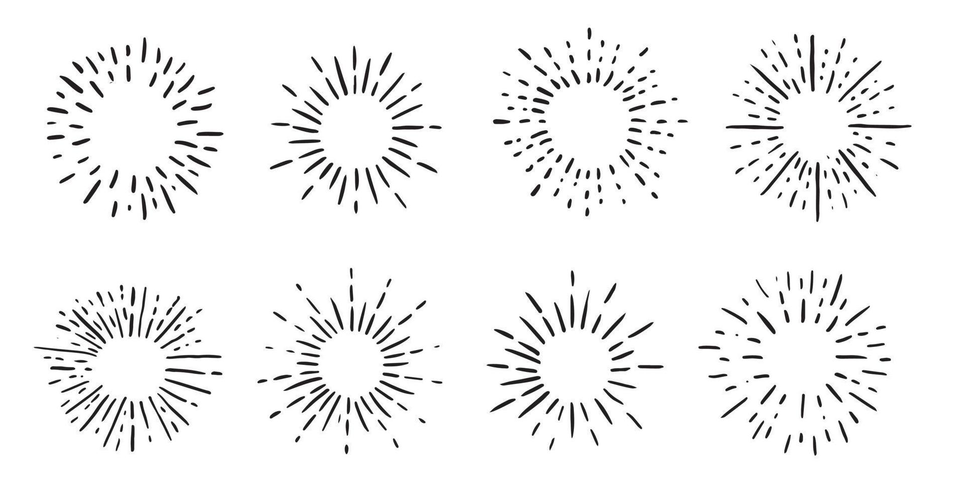 Sun rays images on black background. Firework hand drawn icons set. Vector. vector