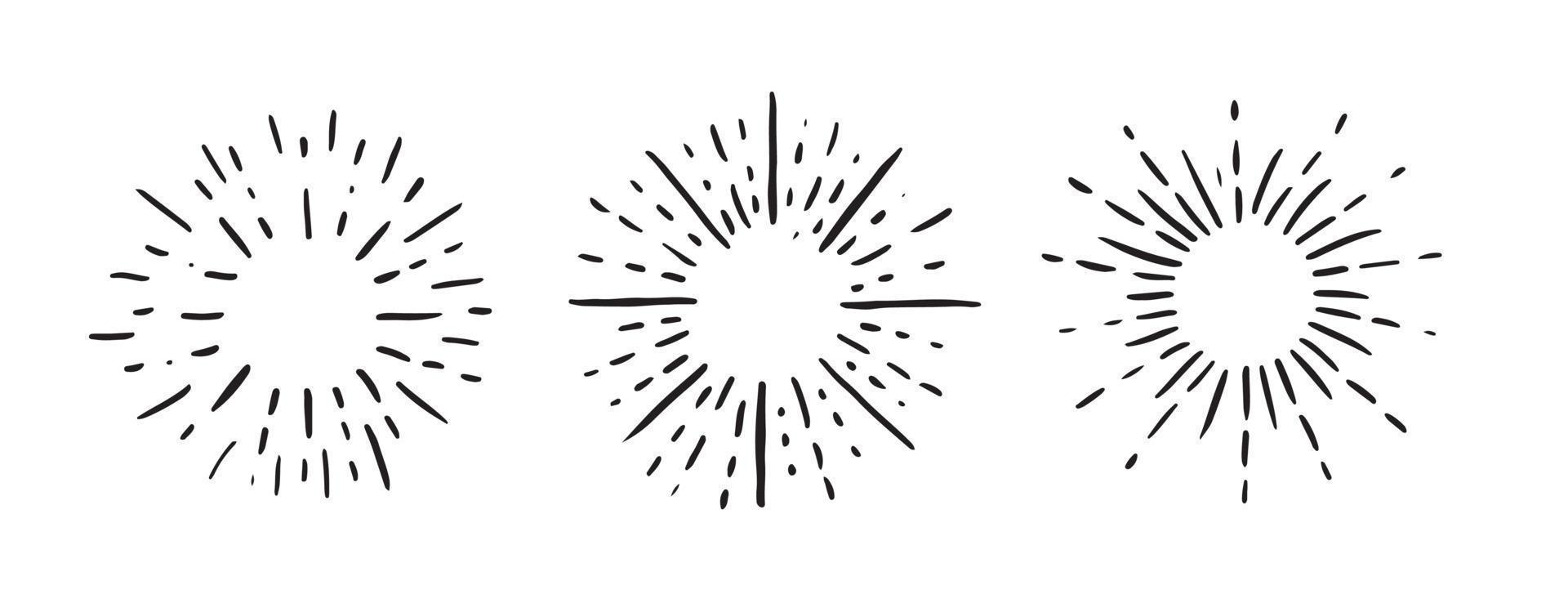 imágenes de rayos solares sobre fondo negro. conjunto de iconos dibujados a mano de fuegos artificiales. vector. vector