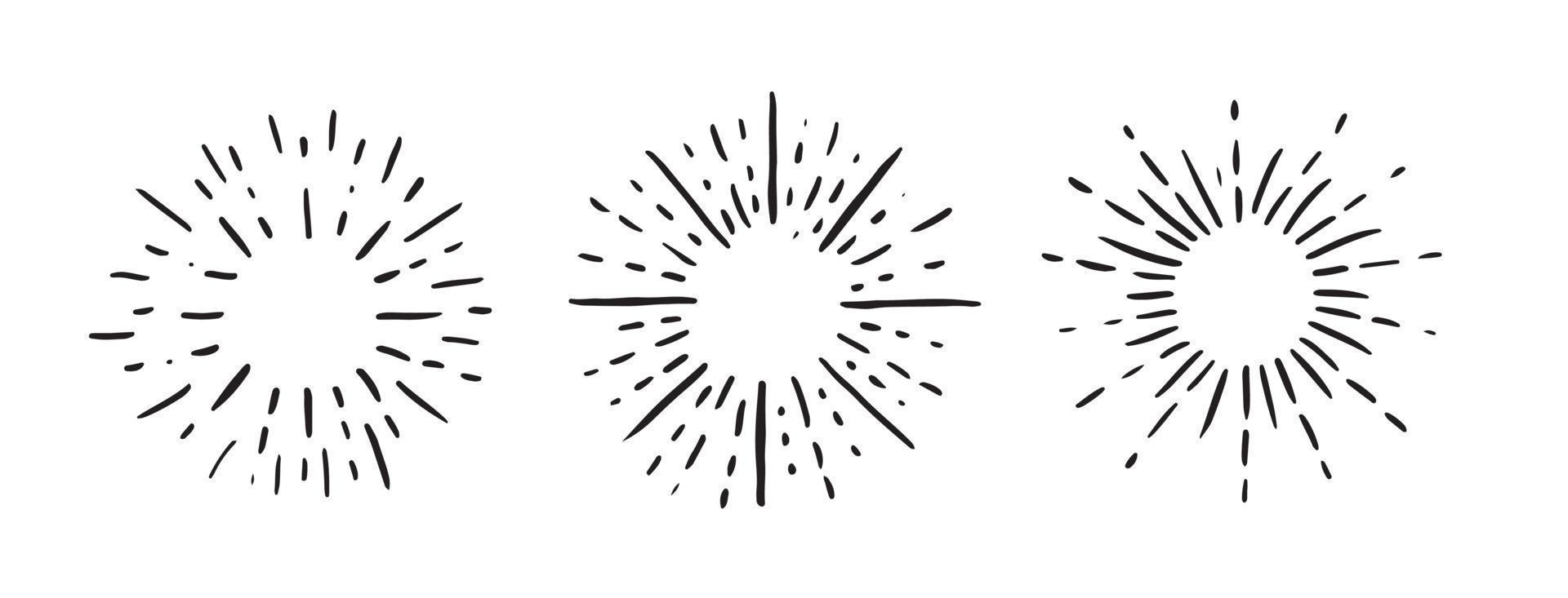 Sun rays images on black background. Firework hand drawn icons set. Vector. vector