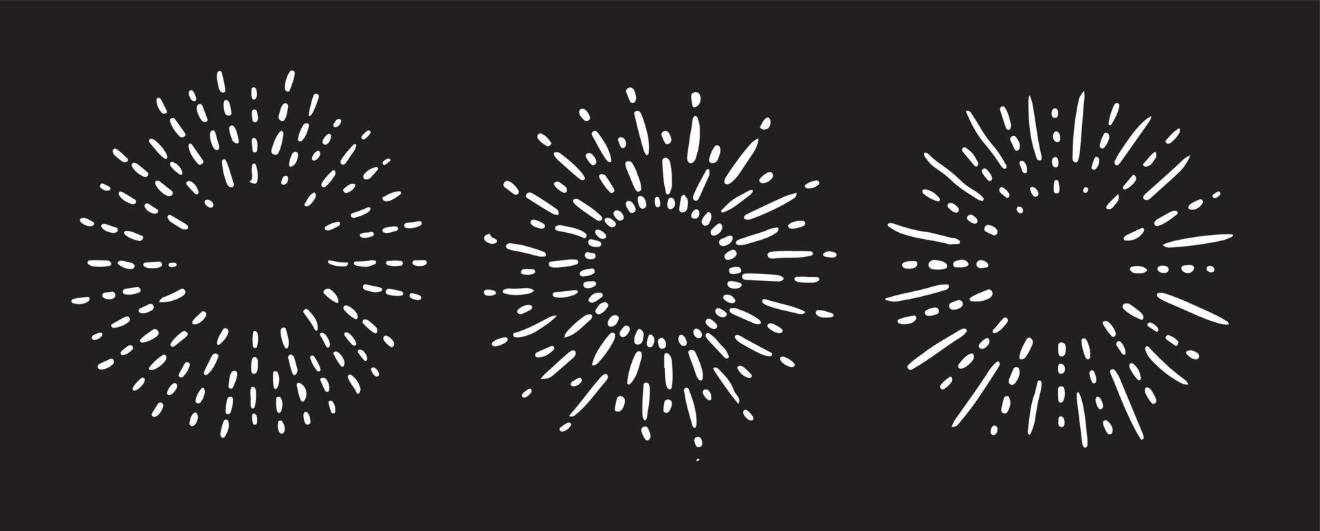 Sun rays images on black background. Firework hand drawn icons set. Vector. vector