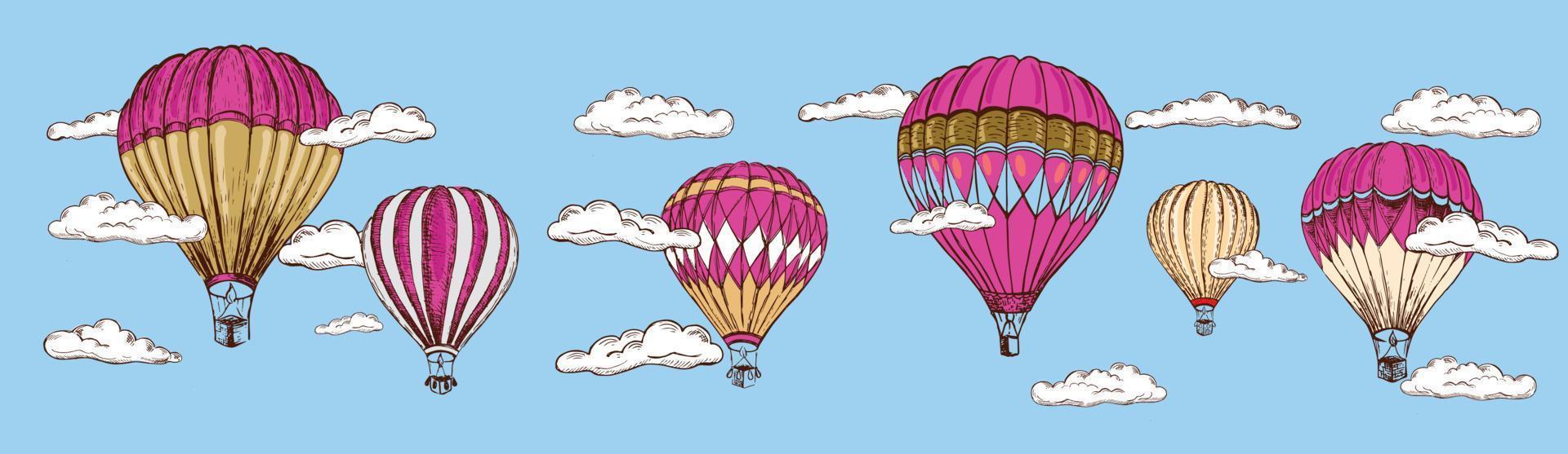 Hot air balloons flying. Hand drawn illustration. Vector. vector