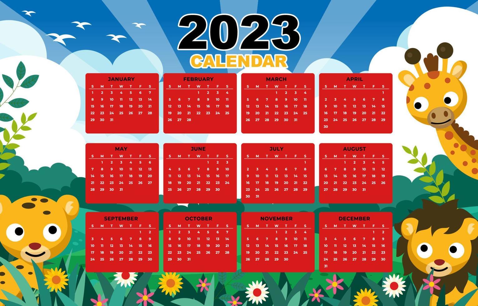 Safari Theme Calendar 2023 Template vector