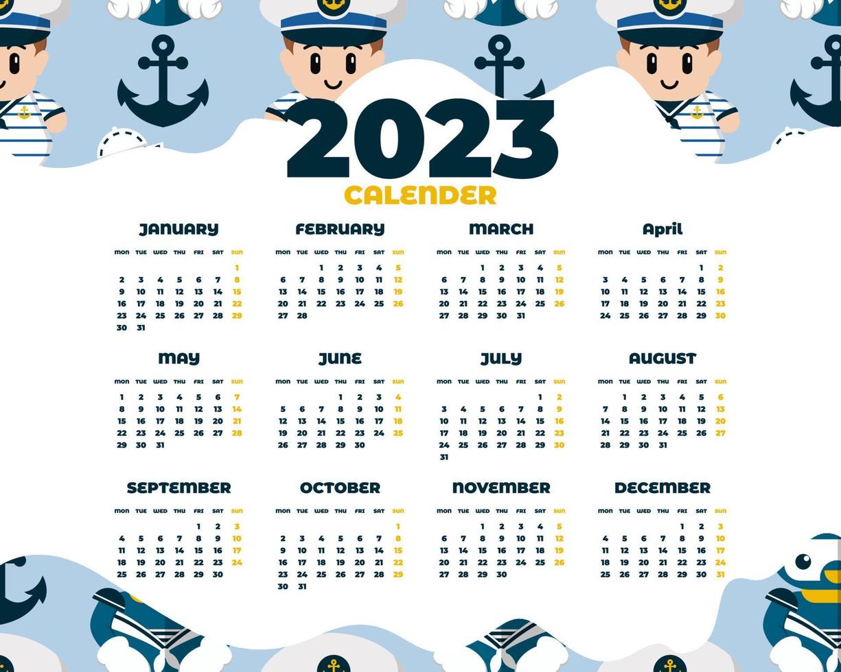 Hand drawn marine and nautical 2023 calendar template vector