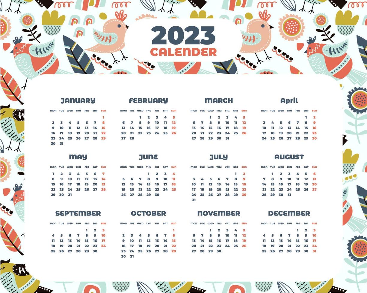 plantilla de calendario 2023 de pájaro dibujado a mano vector