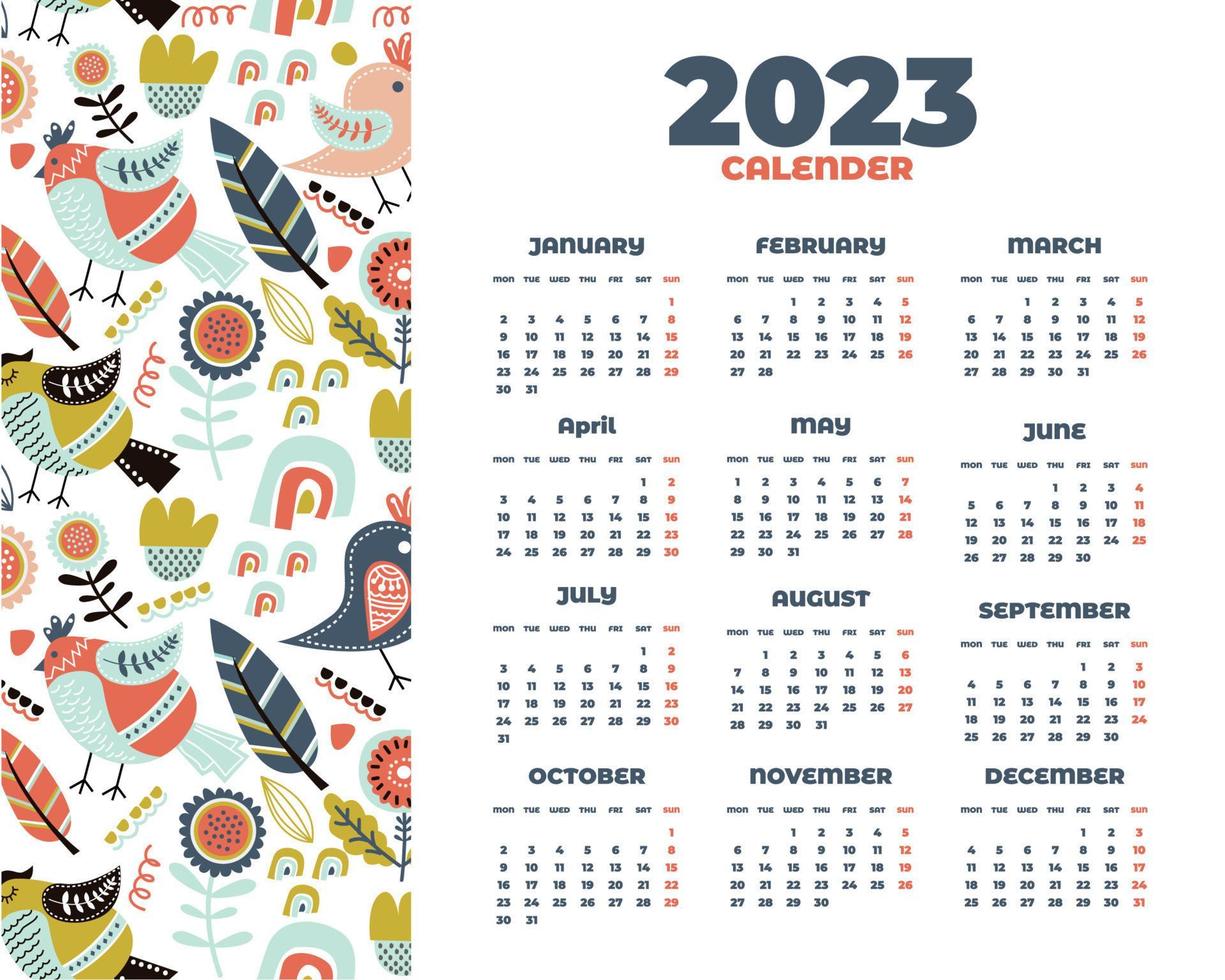 plantilla de calendario 2023 de pájaro dibujado a mano vector