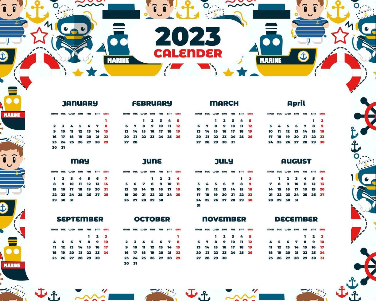 Hand drawn marine and nautical 2023 calendar template vector