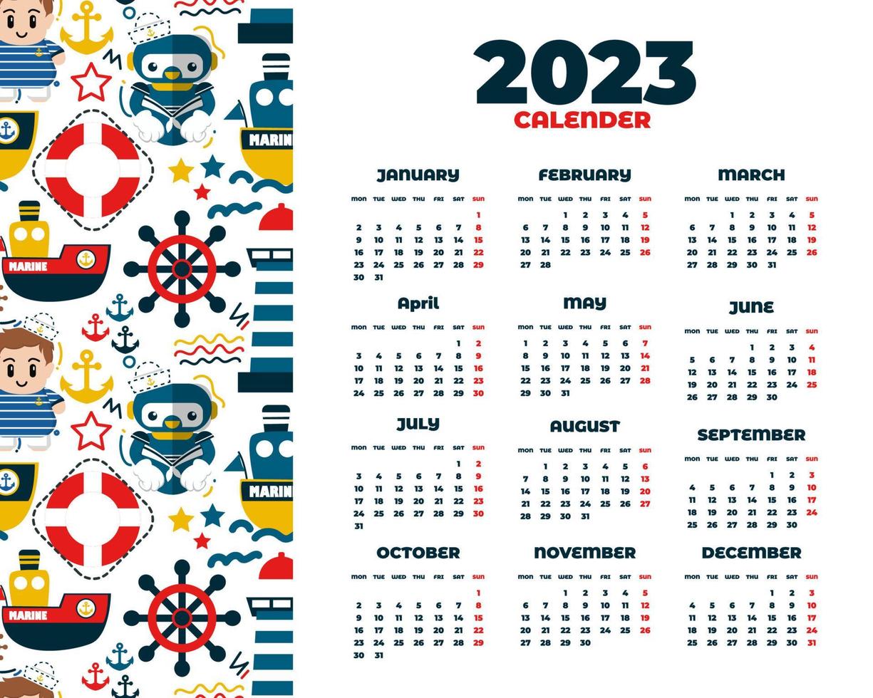 Hand drawn marine and nautical 2023 calendar template vector