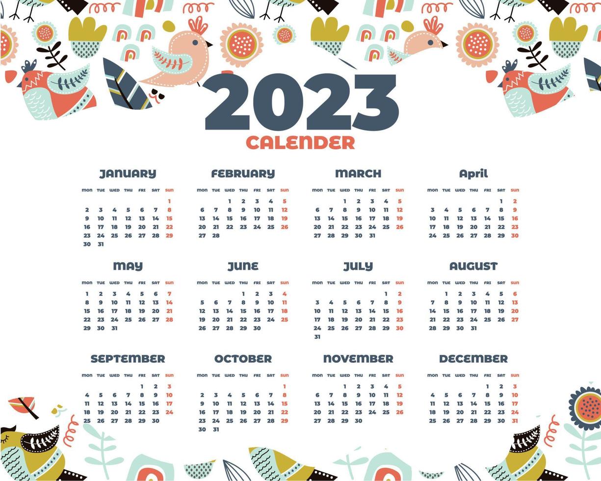 plantilla de calendario 2023 de pájaro dibujado a mano vector